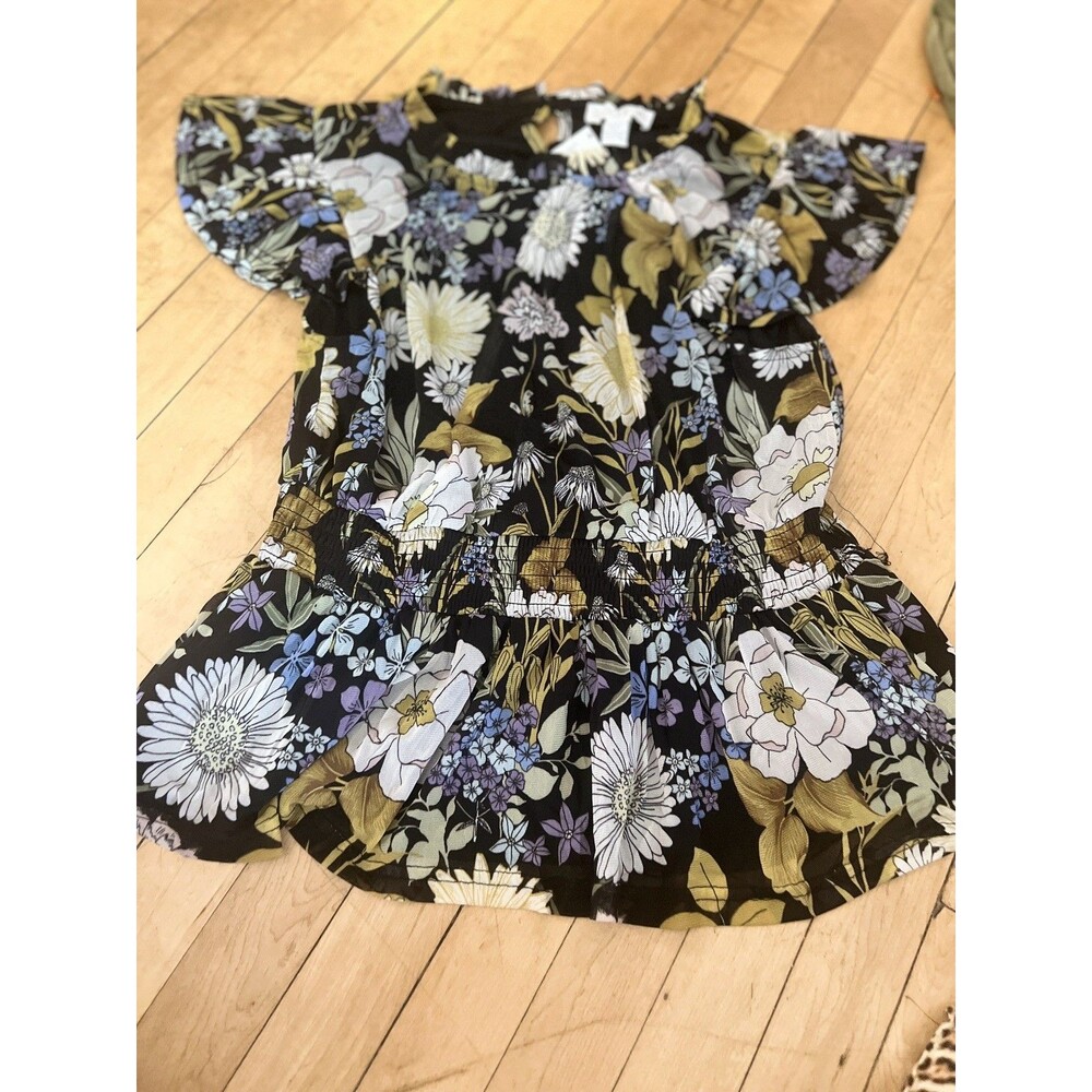 Pretty Sz XL Black Multicolor Floral Short Flutter Sleeve Blouse